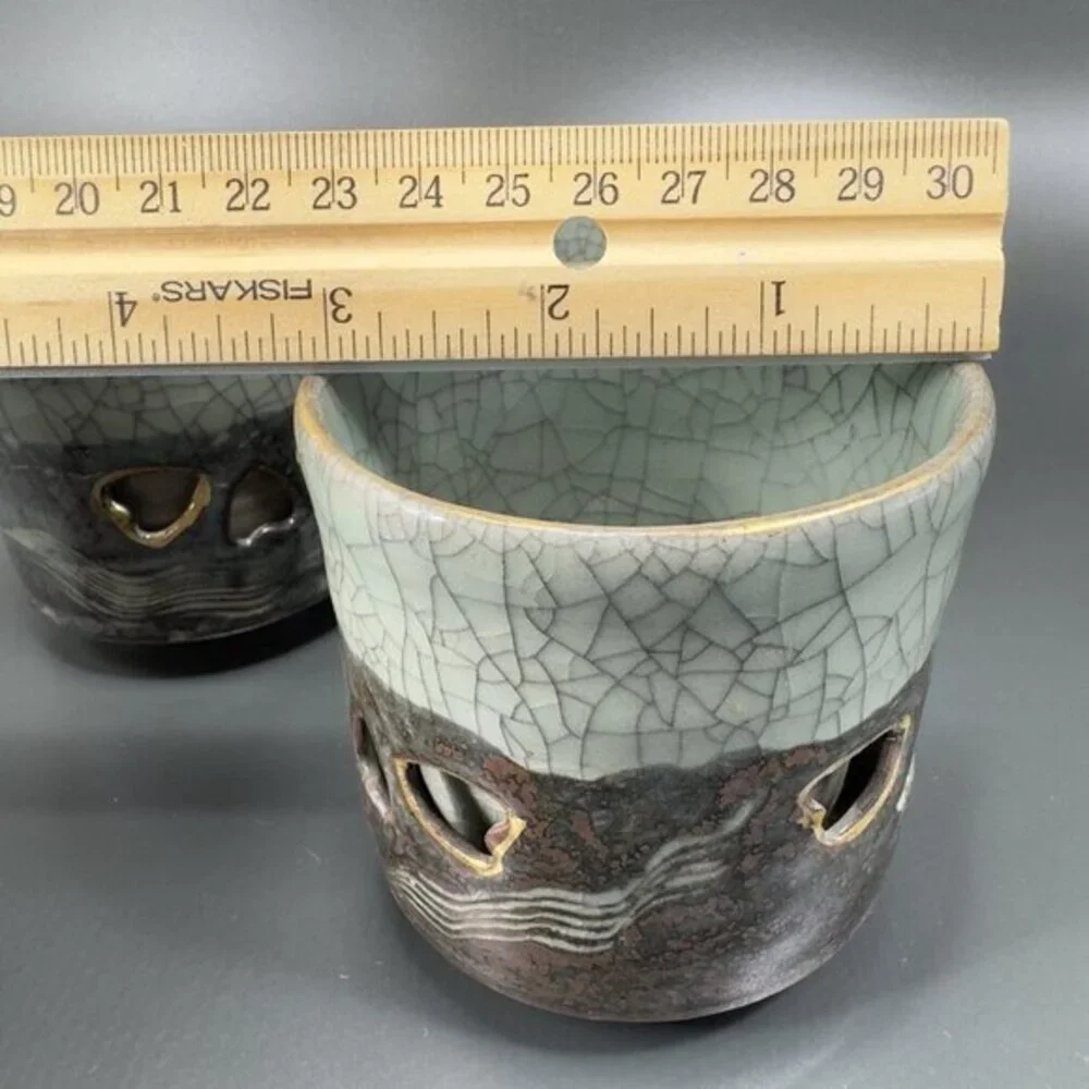 Otagiri SomaWare Gold Horse Cup Tumbler Porcelain Obori Crackled Glaze Cups Set2